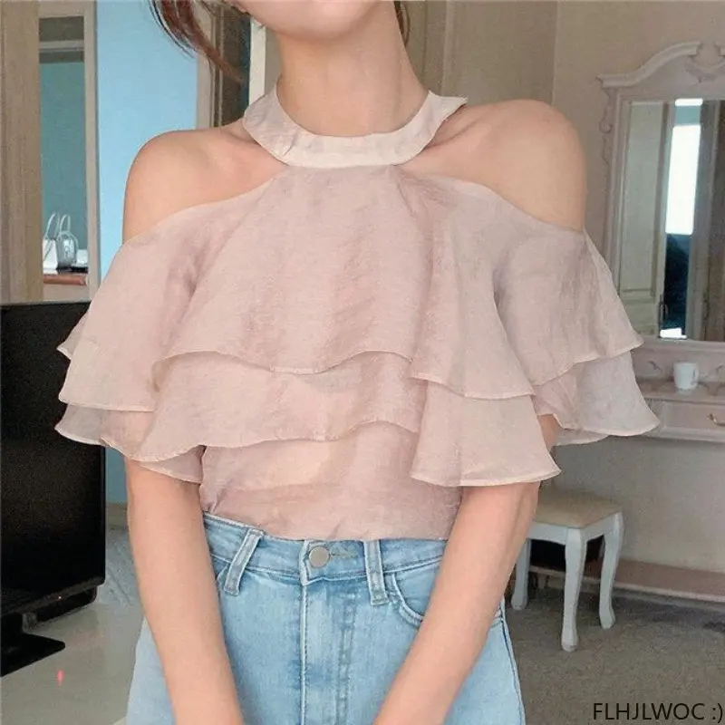 Chic Korea Sexy Off Shoulder Tops Blusas Women 2023 Holiday Date Girls Layer Ruffles Transparent Sheer Mesh Short Shirts Blouses