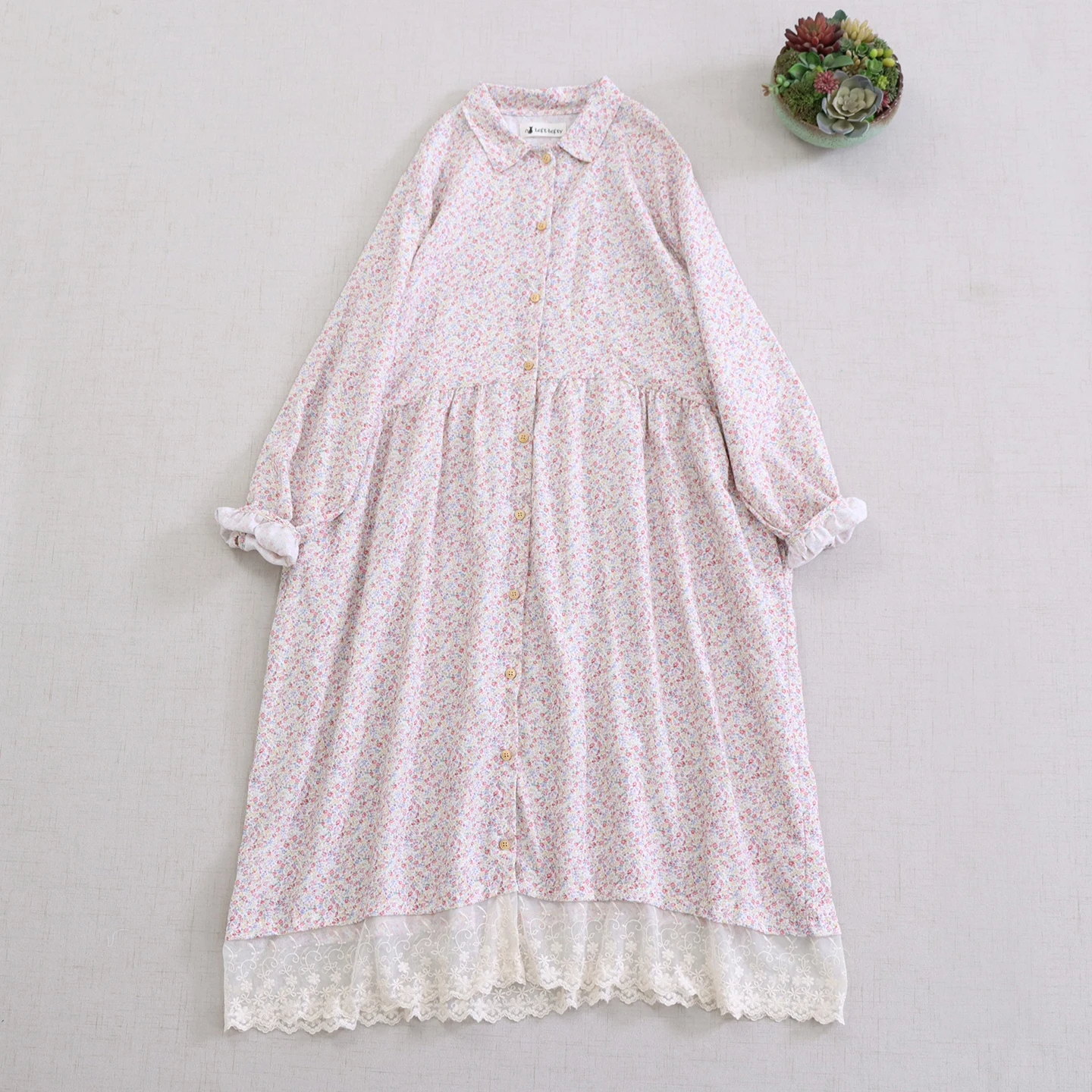 اليابانية الحلو موري فتاة الأزهار المطبوعة الدانتيل المرقعة واحدة الصدر قميص فستان المرأة رفض طوق كم طويل فستان ميدي #2