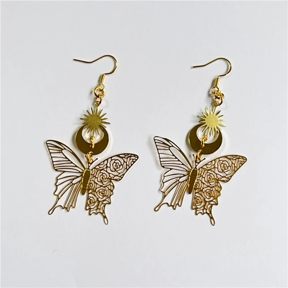 Exquisite Trend Gold Color Star Moon Hollowed-out Pattern Butterfly Stainless Steel Dangle Earrings for Women Charm Jewelry Gift