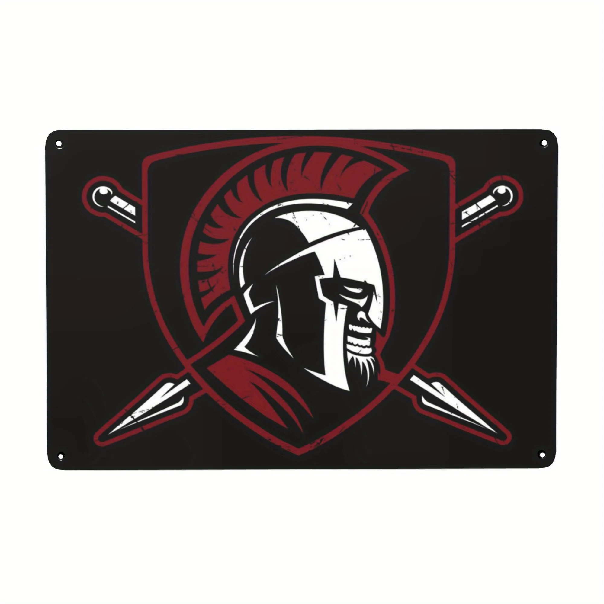 Handcrafted Iron Metal Wall Art  - Vintage Industrial Rustic Decor with Spartan Helmet & Crossed Spears Design, Black & Red Ac