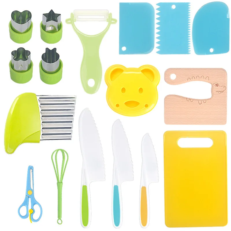 17pcs Montessori Kitchen Tools for Kids Cooking Set Real Cooking Plastic Toddler Safe Knives Crinkle Cutter Kids Cutting Board