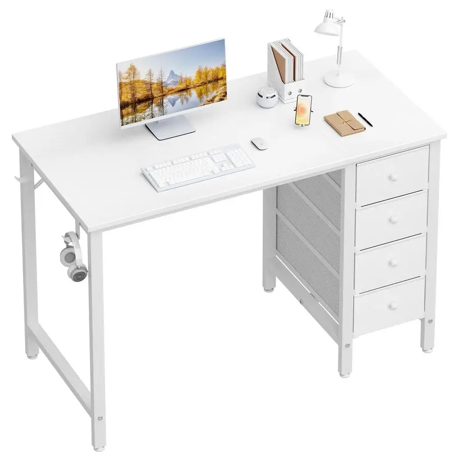 

Small White Desk with Drawers for Bedroom, 40 Inch Kids Girls Study Desks, Reversible Computer Writing Nail Table with Fabric Dr