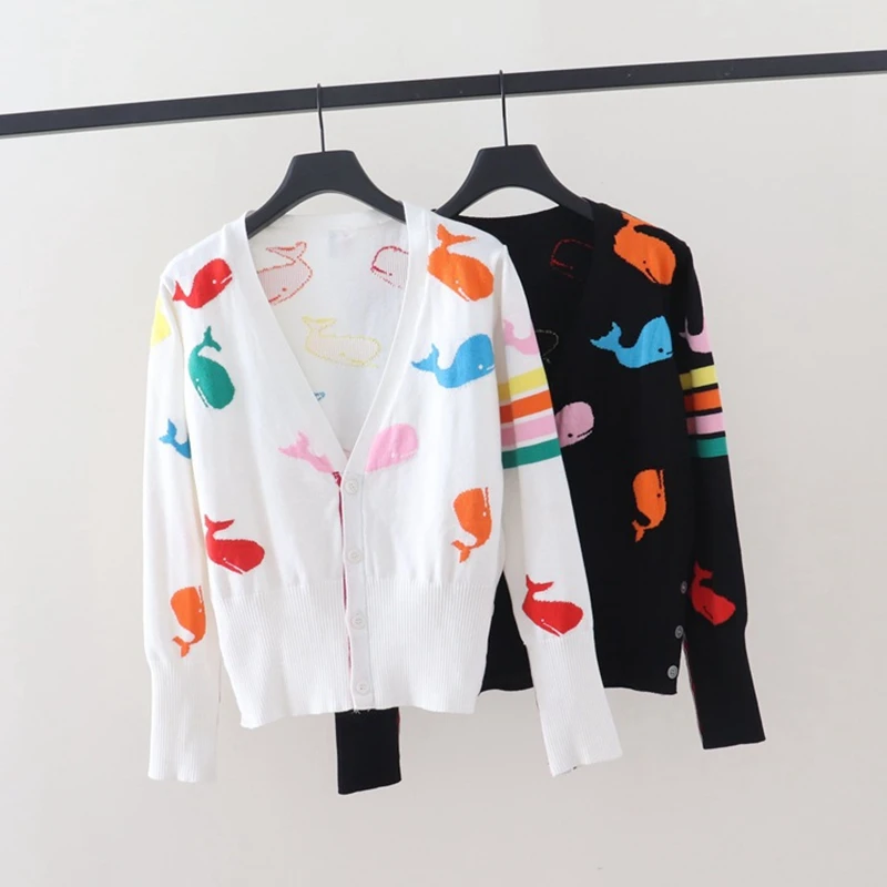 

Autumn/Winter New College Style V-Neck tb Colorful Little Whale Jacquard Long Sleeve Knitted Cardigan Coat Women's Top