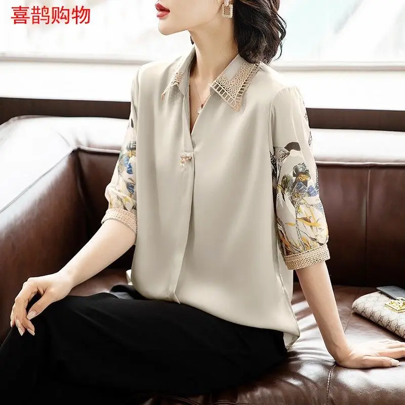 

Elegant Summer Clothing for Middle Aged and Elderly Women Mid Sleeve Chiffon Tops Short Sleeved Blouses