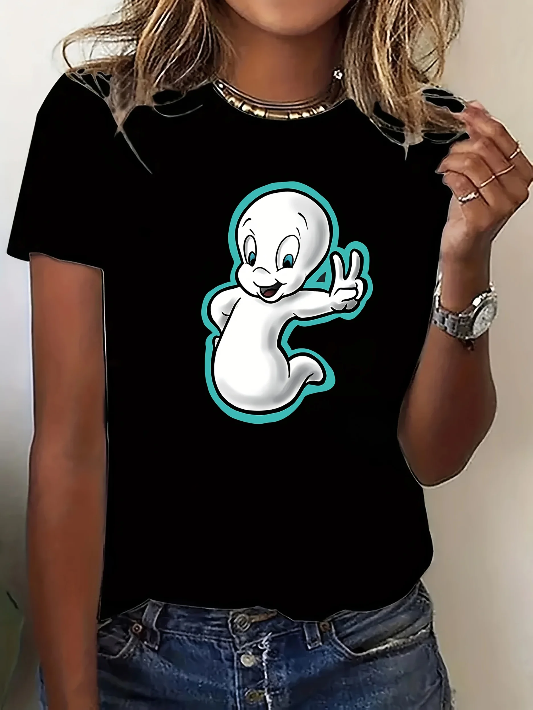

Casual Cartoon Ghost Print T-Shirt for Women - Polyester Knit Fabric Medium Stretch Round Neck Short Sleeve All-Season Comfort
