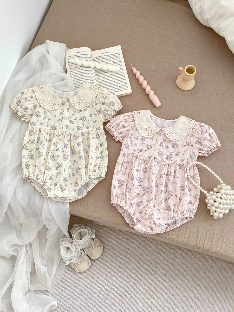 Baby Girl Flower Romper 0-2Years Newborn Princess Short Sleeve Peter Pan Collar Flower Cotton Bodysuit One-Pieces Summer Clothes