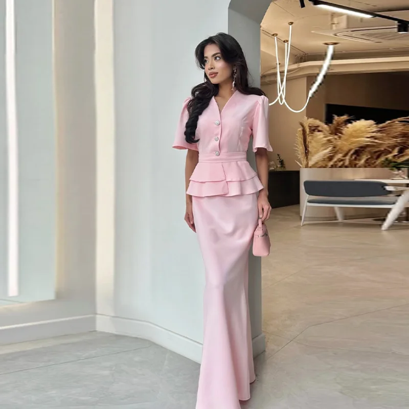 

Women Elegant Pink Two Piece Set V Neck Short Sleeve Peplum Top Mermaid Maxi Skirt 2026 Spring Lady Office Formal Party Outfit