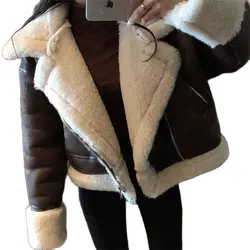 2024 Women Jacket Fashion Thick Warm Faux Leather Coat Vintage Long Sleeve Flap Pocket Female Outerwear Chic Tops