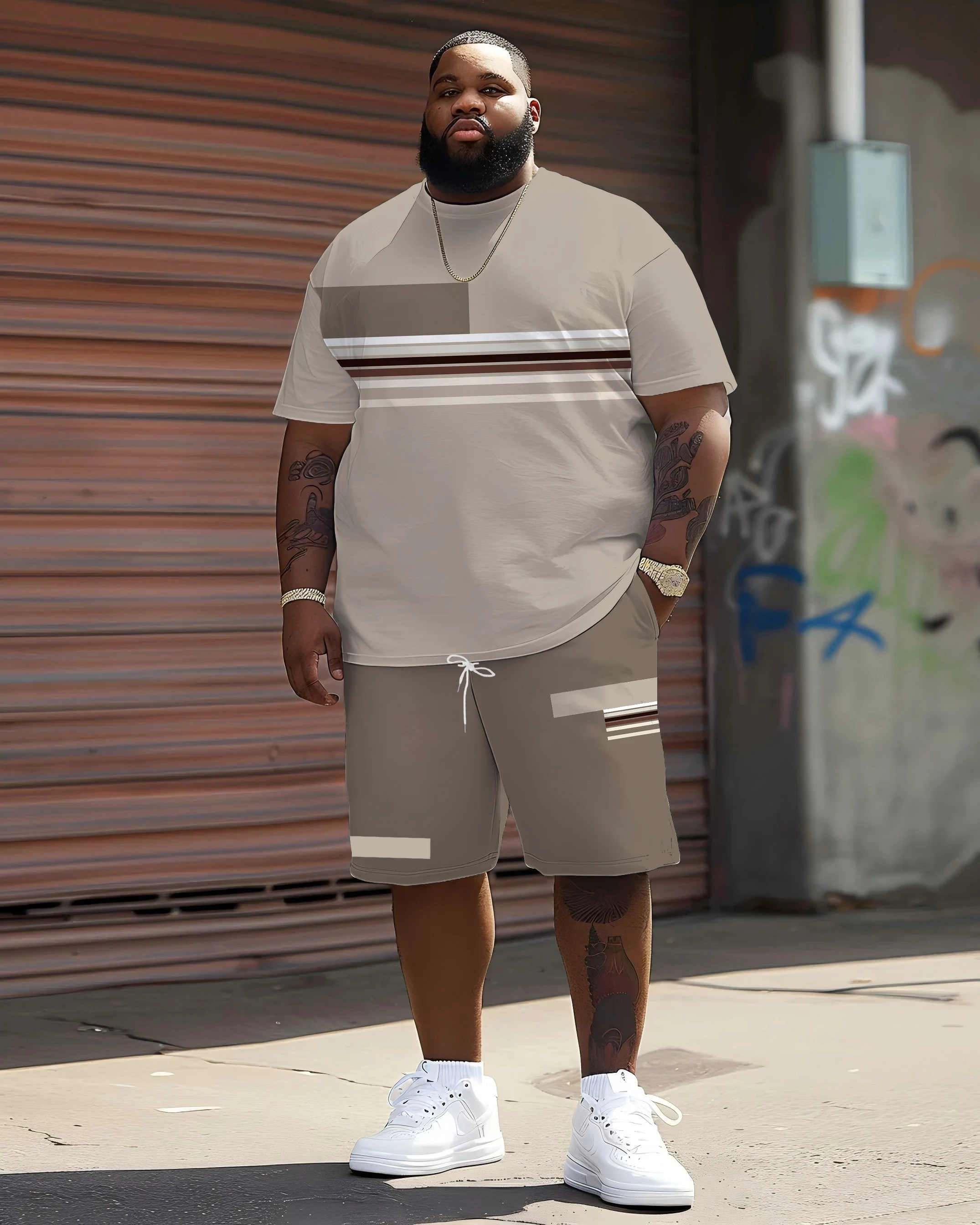 

The oversized men's short-sleeved T-shirt and long pants set is made of breathable, elastic polyester fabric with a checkered st