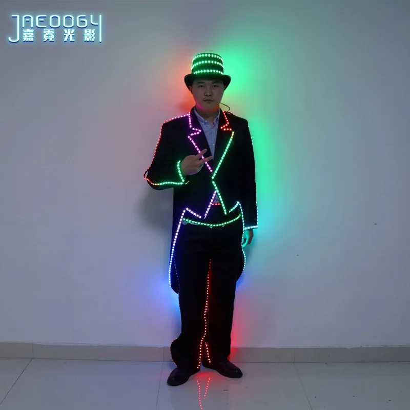 LED Tuxedo Suit Men Light Up Costume Luminous Jacket Pants Hat Tron Dance Clothes Party Stage Performance Show Magician Outfit