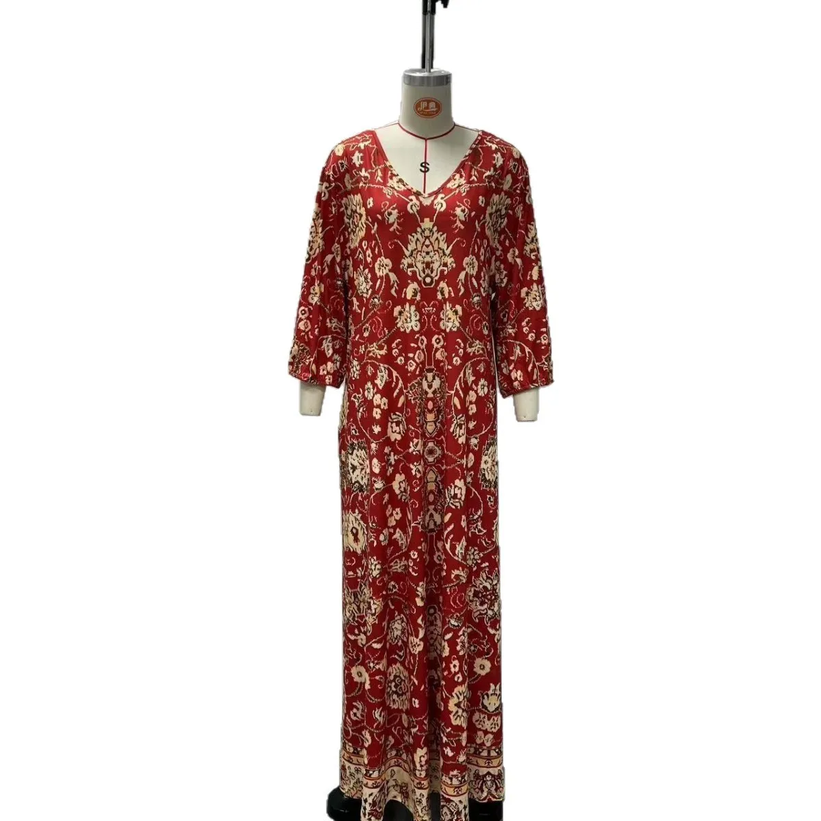 Primavera e outono vestido feminino moda casual com decote em v meados de manga floral macacão vestido longo