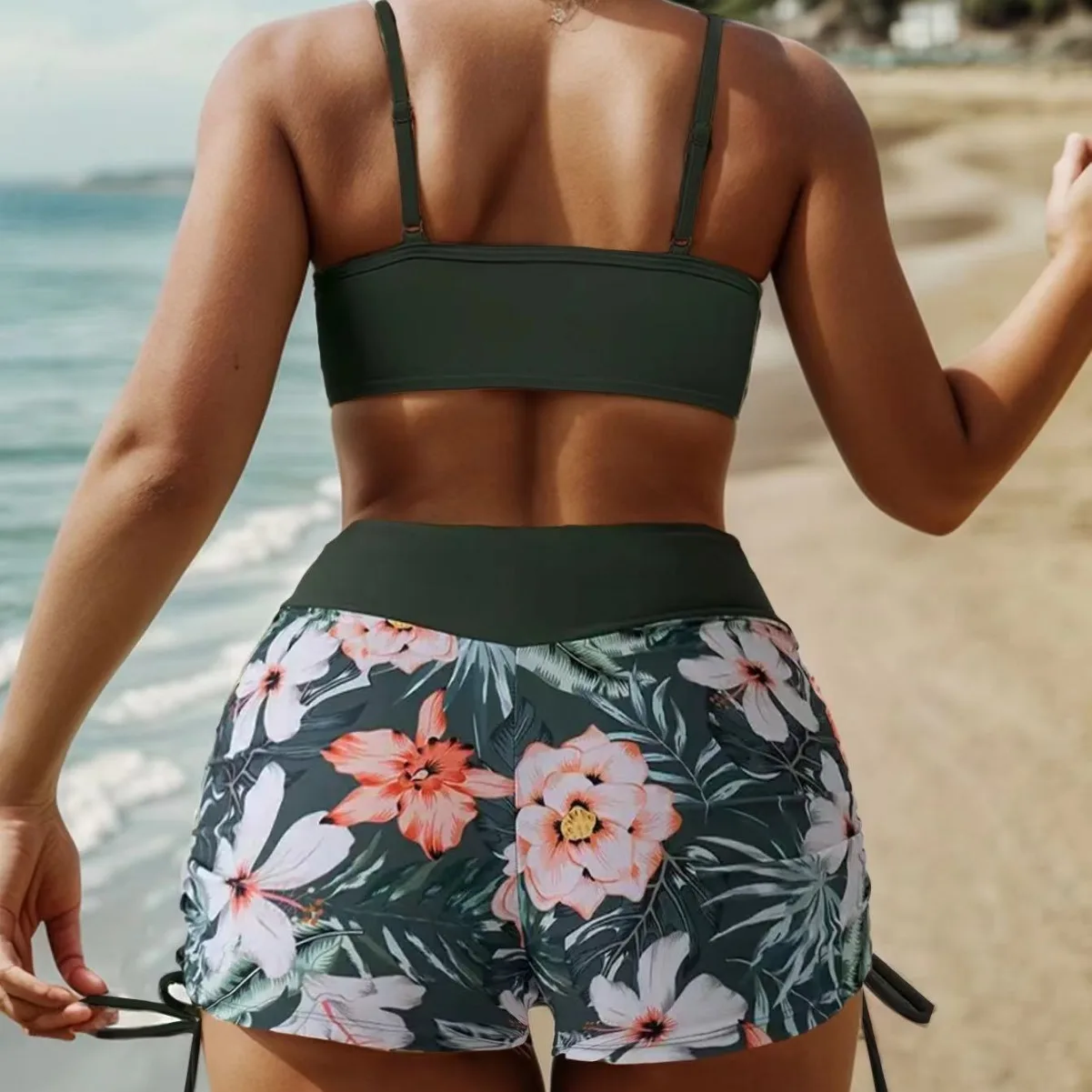 Ensemble bikini floral transfrontalier sexy maillot de bain deux pièces pour femmes taille haute et licou plage vintage bleu imprimé floral maillots de bain