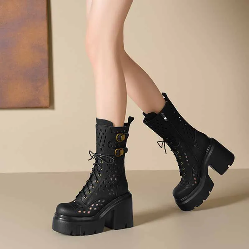 

2025 модные сандалии, женские кожаные непромокаемые сандалии на платформе на толстом каблуке и сверхвысоком каблуке 12 см, повседневная обувь с отверстиями