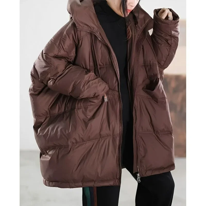 Down Jacket Women\'s New  White Duck Down Hooded Medium and Long High-quality Korean Version Loose Thickening Fattening Versatile