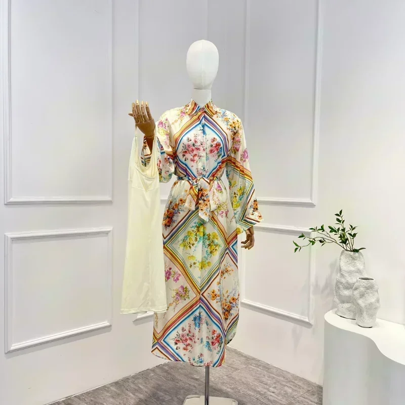 2023 New Multi-color Floral Printing Spring Summer Silk Vintage High Quality Long Sleeve Lace-up Woman Casual Midi Dress