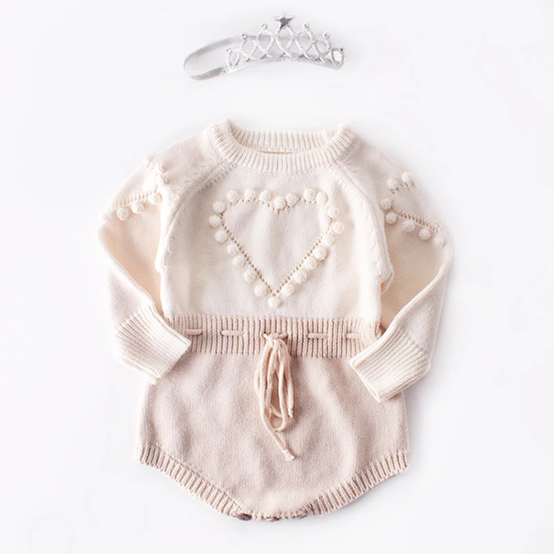 Infant Baby Girls Long Sleeve Loving Heart Knit Jumpsuit Toddler Baby Rompers Children Baby Girls Princess Rompers Clothes