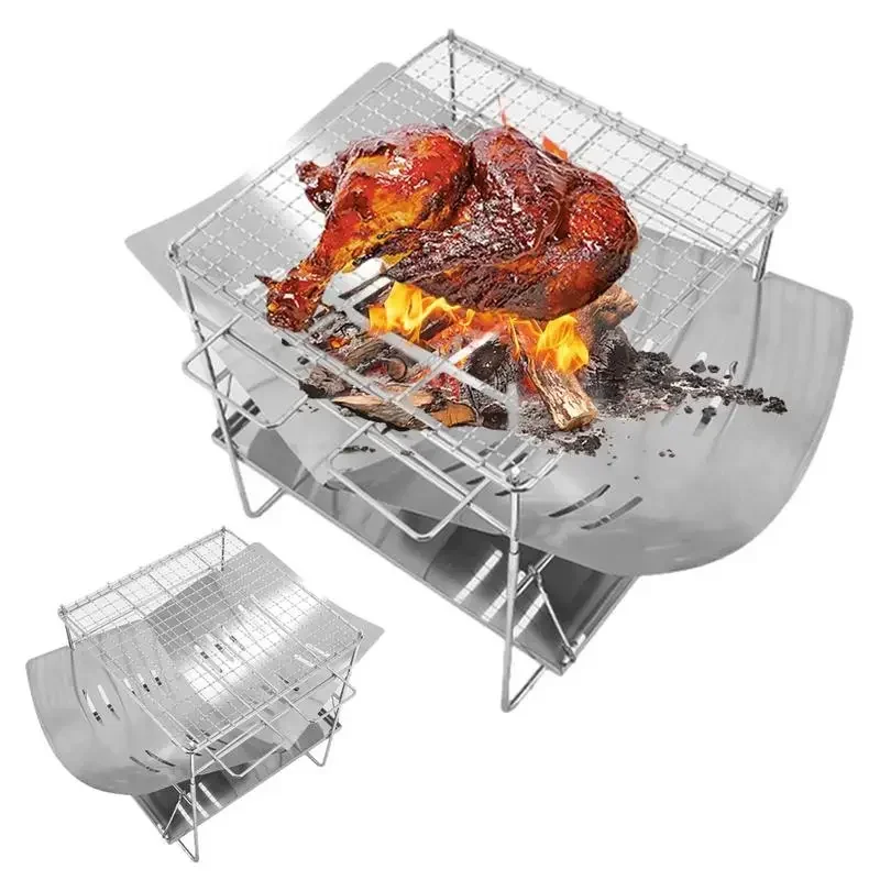 Camping Folding Campfire Charcoal BBQ Grill Stainless Steel Barbecue Net Card Type Firewood Stoves Mini BBQ Rack Camping Stove