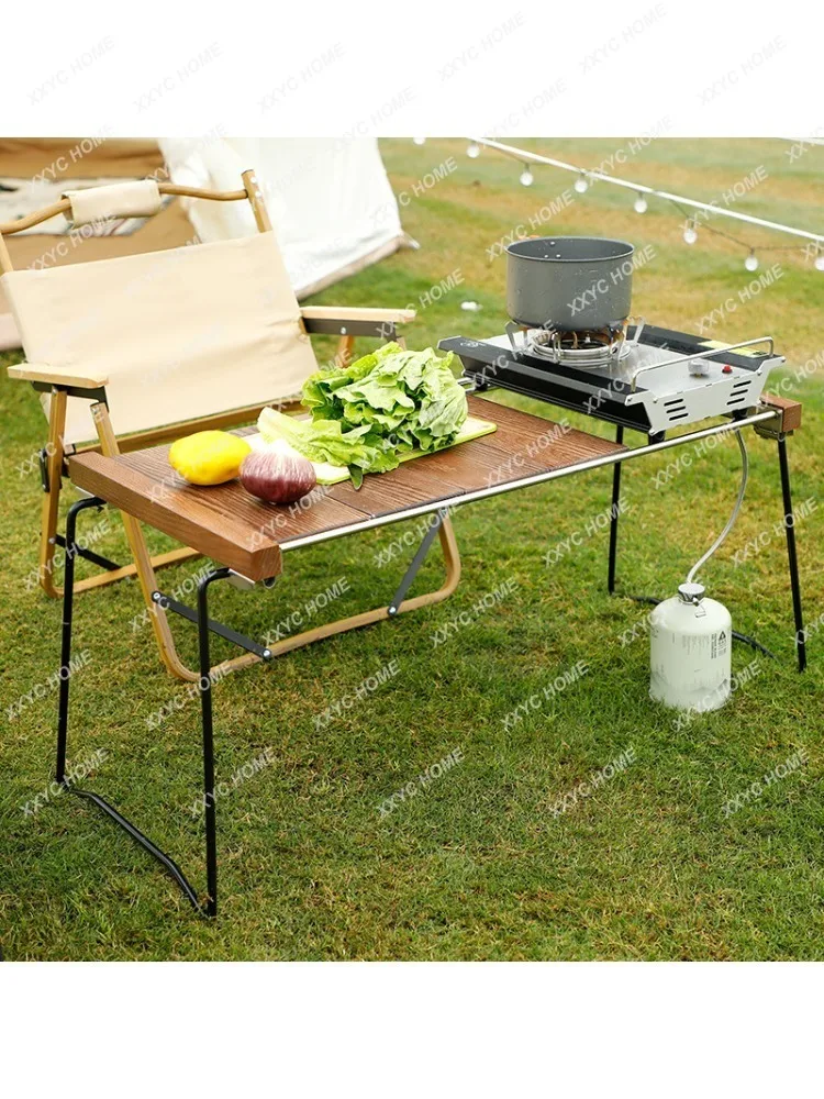 Outdoor Table Folding Table Solid Wood Camping Stainless Steel Portable Frame Barbecue Table Picnic Zebra Table