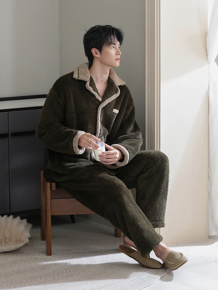 comfortable-coral-fce-pajamas-for-men-thiened-flannel-home-clothes-long-sve-button-design-suitable-for-outdoor-wear