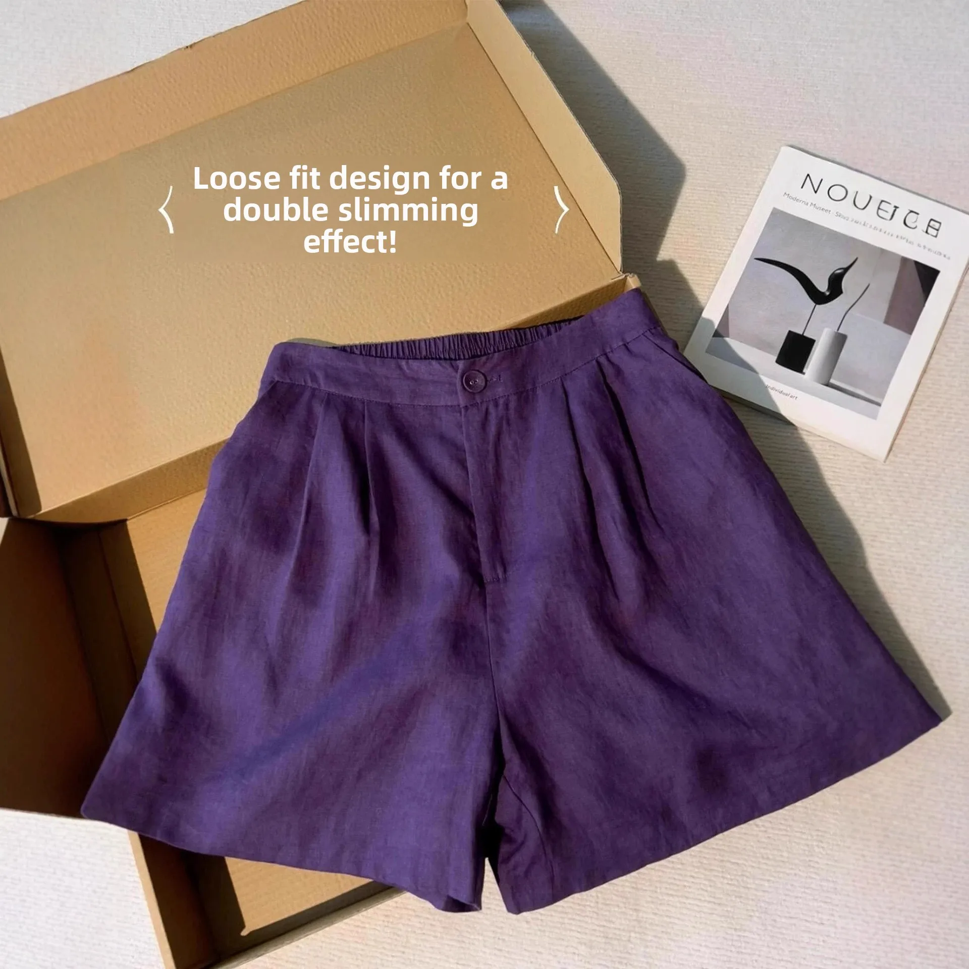 Sun Giant Show White~ Purple Linen Women's Shorts 2026 New Style Slimming High-Rise A-Line Casual Pants Low Waist Three-Quart...
