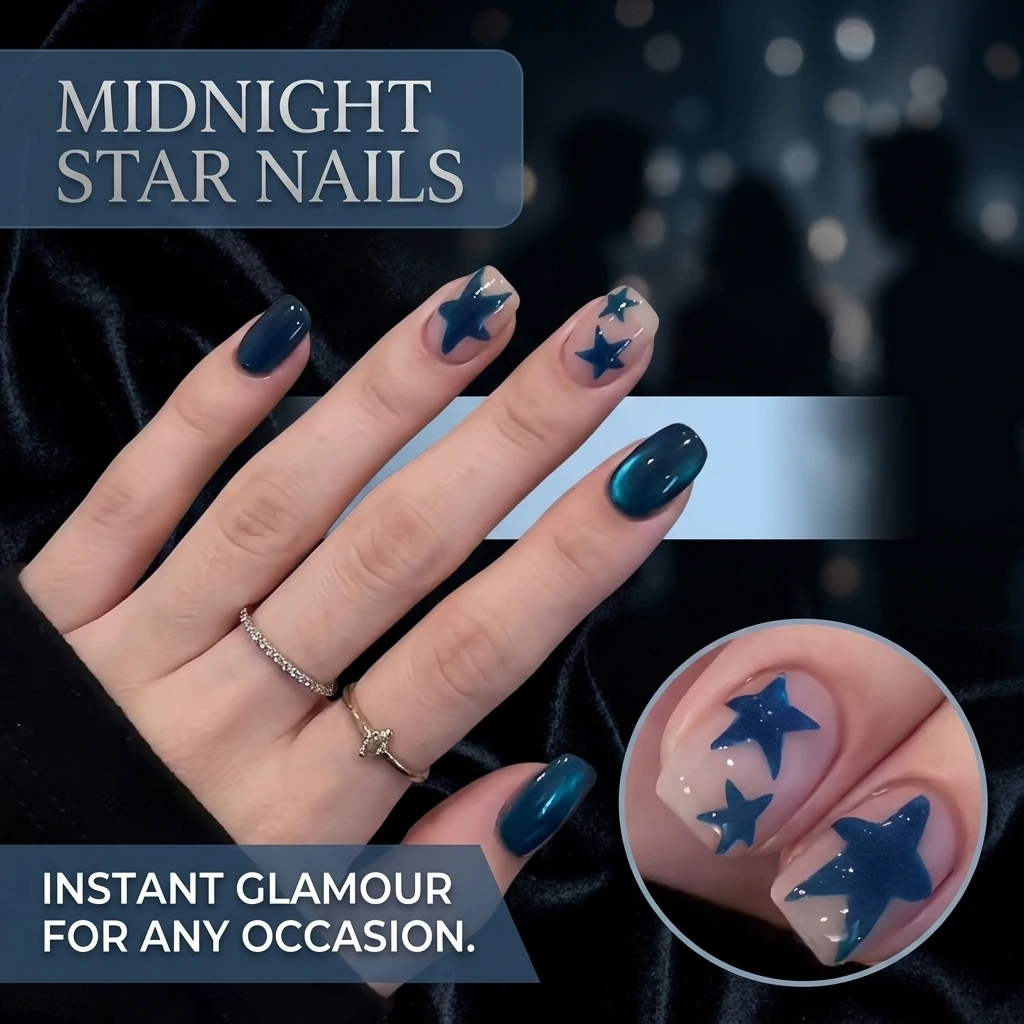 Blue Short Square Fake Nails 24Pcs Glossy Acrylic Press On Nails Five-pointed Star Designs Full Cover Detachable False Nails