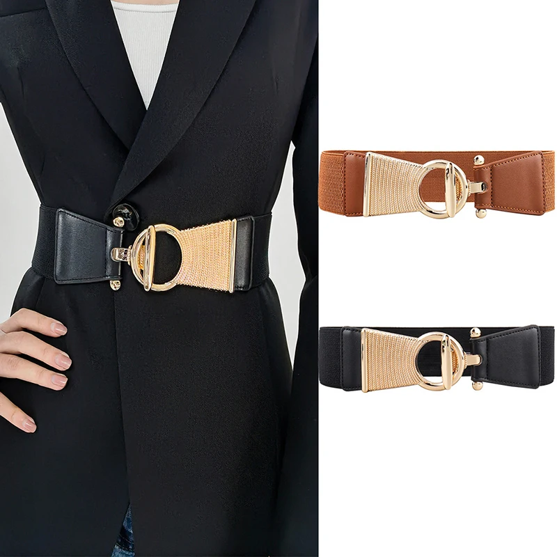 Elegant Vintage Metal Buckle Elastic Belt For Women - Wide Waistband For Dress Coats And Girdles