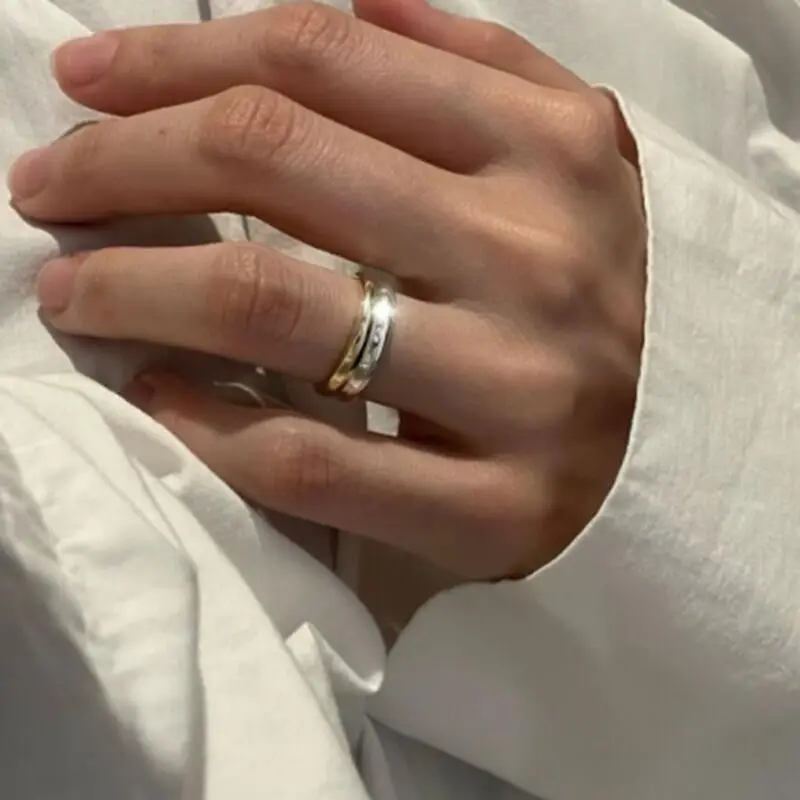 Minimalist Gold Silver Color Partially Stacked Double Layer Stainless Steel Chunky 2 Layered Wide Ring Waterproof  For Womens