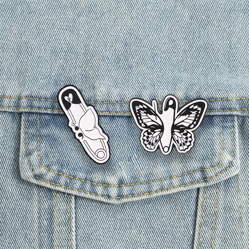 Black White Safety Pin Butterfly Enamel Pins Mental Health Brooches Lapel Badges Semicolon Jewelry Gift for Friends