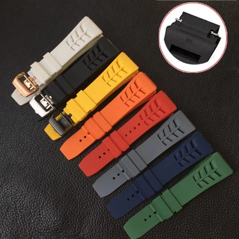 สายซิลิโคนอ่อนนุ่มสำหรับริชาร์ด มิลล์ RM53/055/011/050 สำหรับผู้ชายกันน้ำและกันเหงื่อยางเกรดพรีเมี่ยมสายรัดข้อมือ 25 มม.