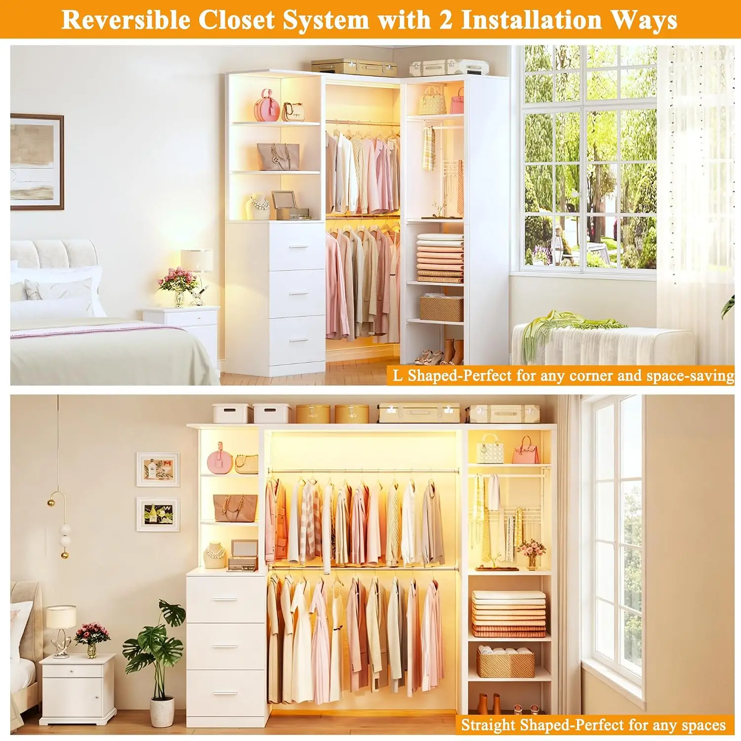 Large Corner Closet 3 Drawers 6 Shelves, 77'' Reversible Organizer LED Lights 8 Hooks Walk-in Wardrobe 3 Hanging Rods Customized
