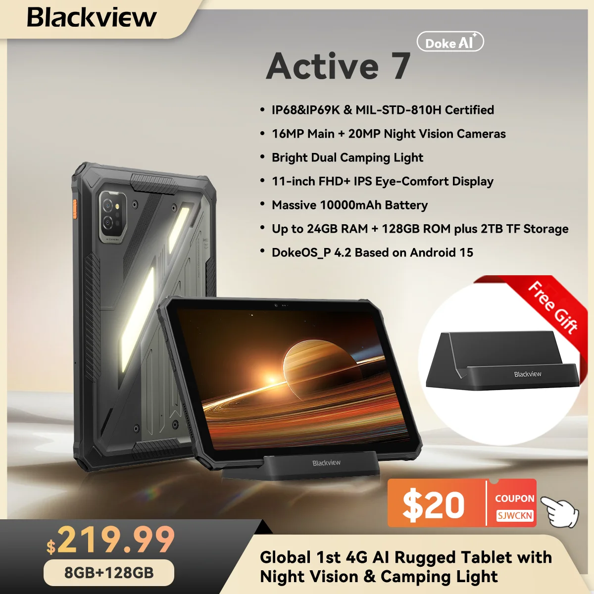 Blackview Active 7 Rugged Tablet, 11" FHD Display, IP68 IP69K, 8GB+128GB, 10000mAh Battery 45W Fast Charge, Android 15 Tablet PC