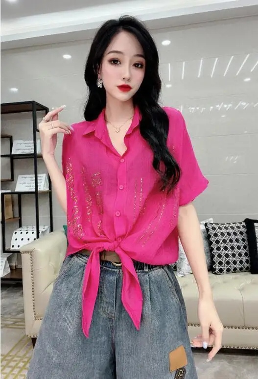 2024 Summer Women\'s New Hot Diamond Shirt Thin Short Sleeve Fashionable Loose Western Style Top Trendy