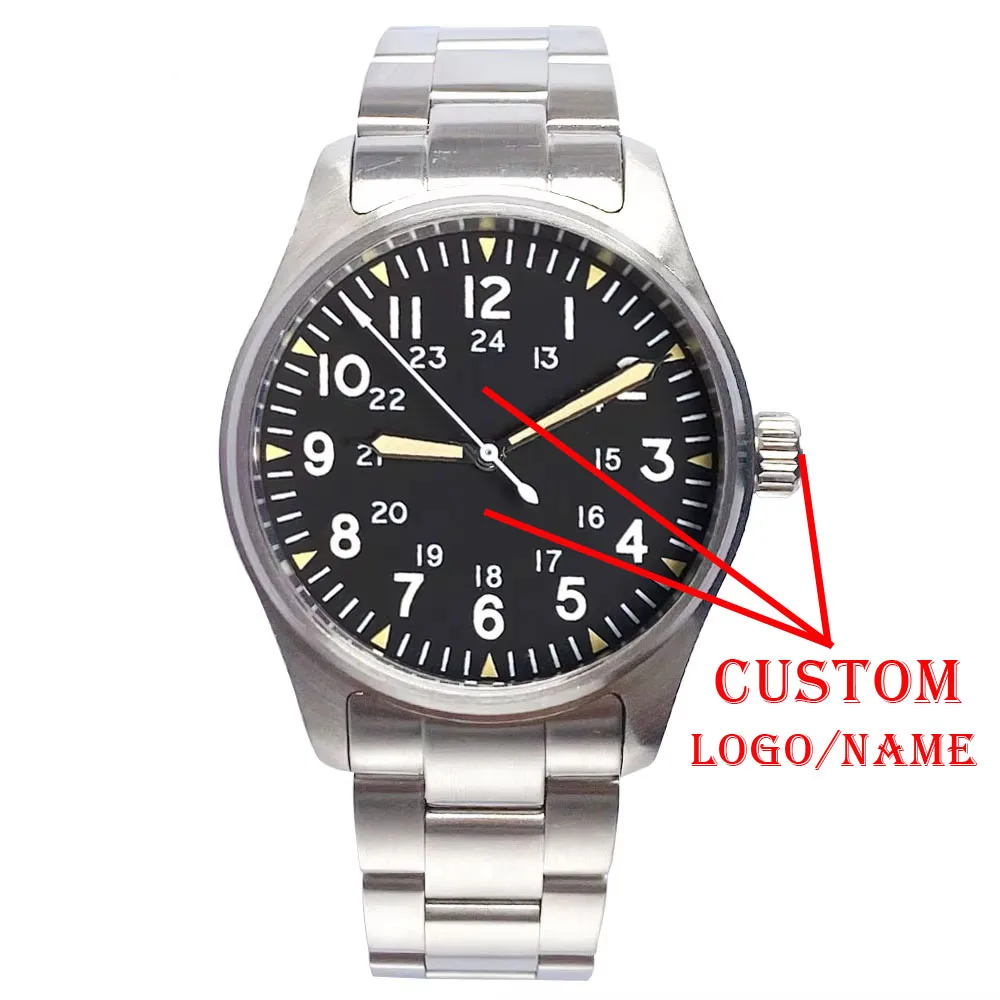 

Custom Logo/Name/Text 39mm Dive Automatic Pilot Men's Watch AR Sapphire Mechanical NH35/PT5000/Miyota8215 Movt 20BAR Green Lume