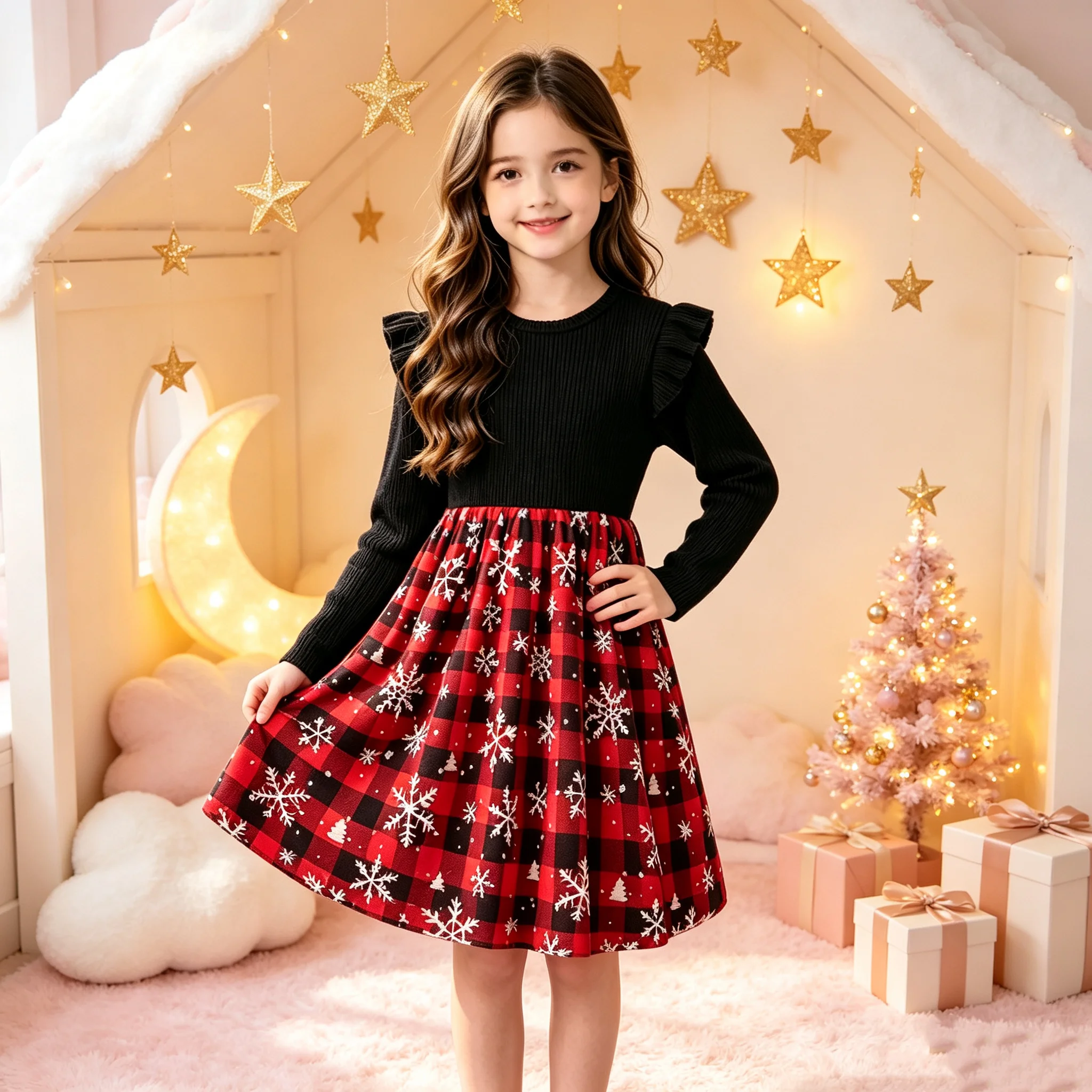 Children's Plaid Snowflake Print Dress Casual Elegant round Neck mid Length Skirt with Lotus Leaf Side Gathers for Girls