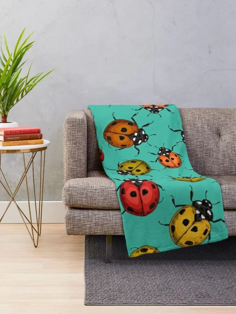 Colorful ladybugs on turquoise Throw Blanket Decorative Sofas halloween Cute Blankets