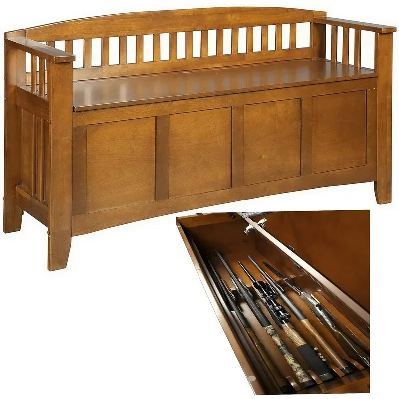 Long Gun Storage Bench Attractive Multi-Functional Lockable Cabinet Hidden Handgun Rifle Shotgun Compartment Entryway Solid
