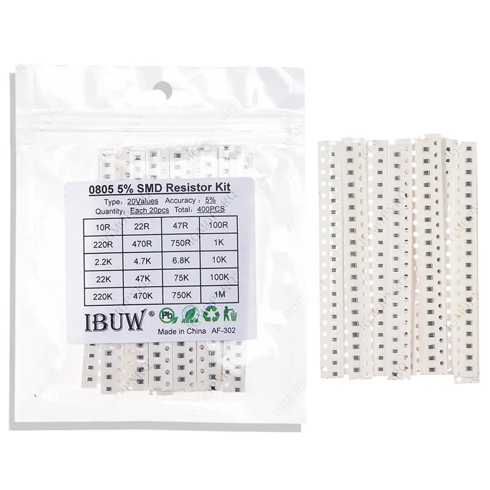 20 Werte jeweils 20 Stück = 400 Stück 0805 SMD-Widerstandssatz 5 % 1/8 W 10 Ohm-1 M 10 Ohm 22 Ohm 1 K 2,2 K 4,7 K 6,8 K 10 K Komponenten-DIY-Muster-Kit