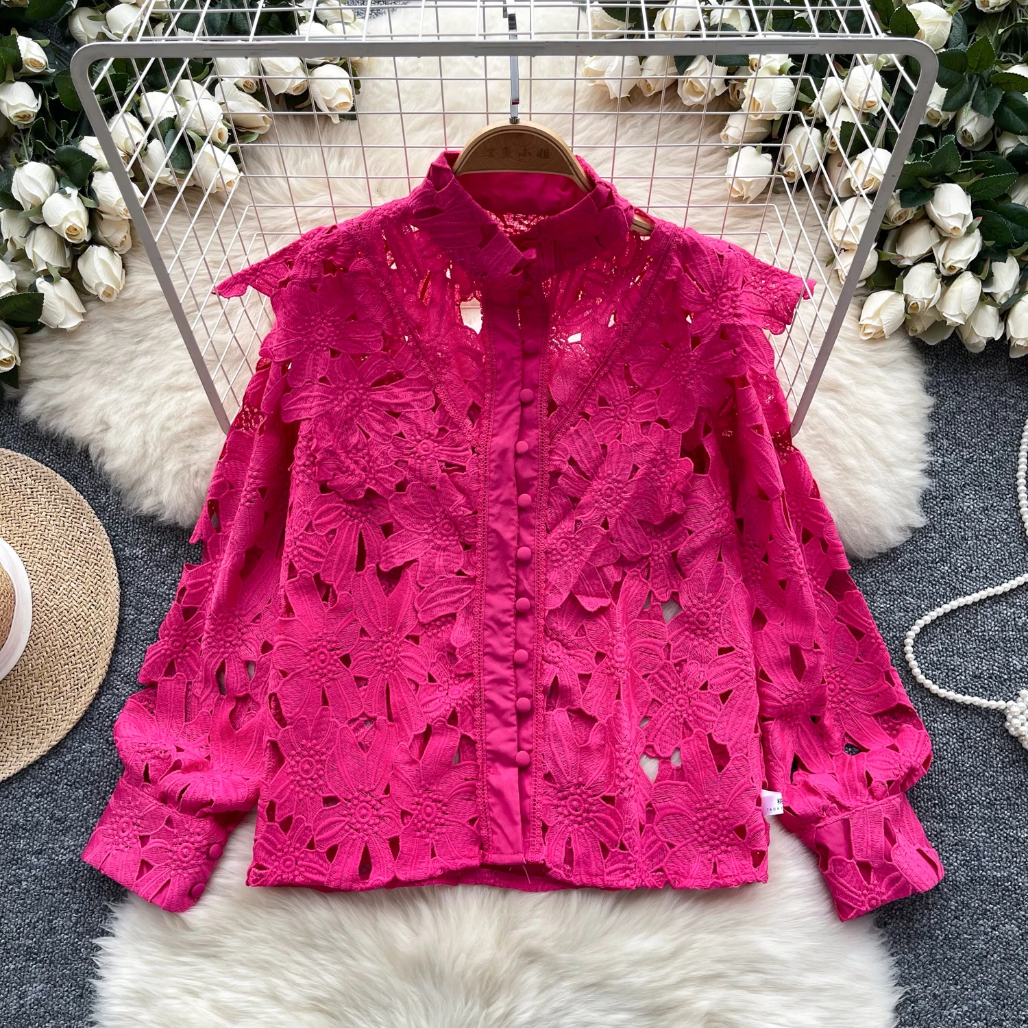 Retro loose sweet cut out lace lantern sleeve embroidery rhinestone  basics Blouse Slim Shirt Women summer Top