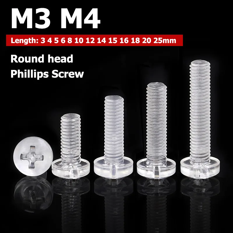 

10-100pcs M3 M4 Transparent Cross Round Head Nylon Screws Length 4-25mm Plastic Phillips Screw Insulation Screw Bolt