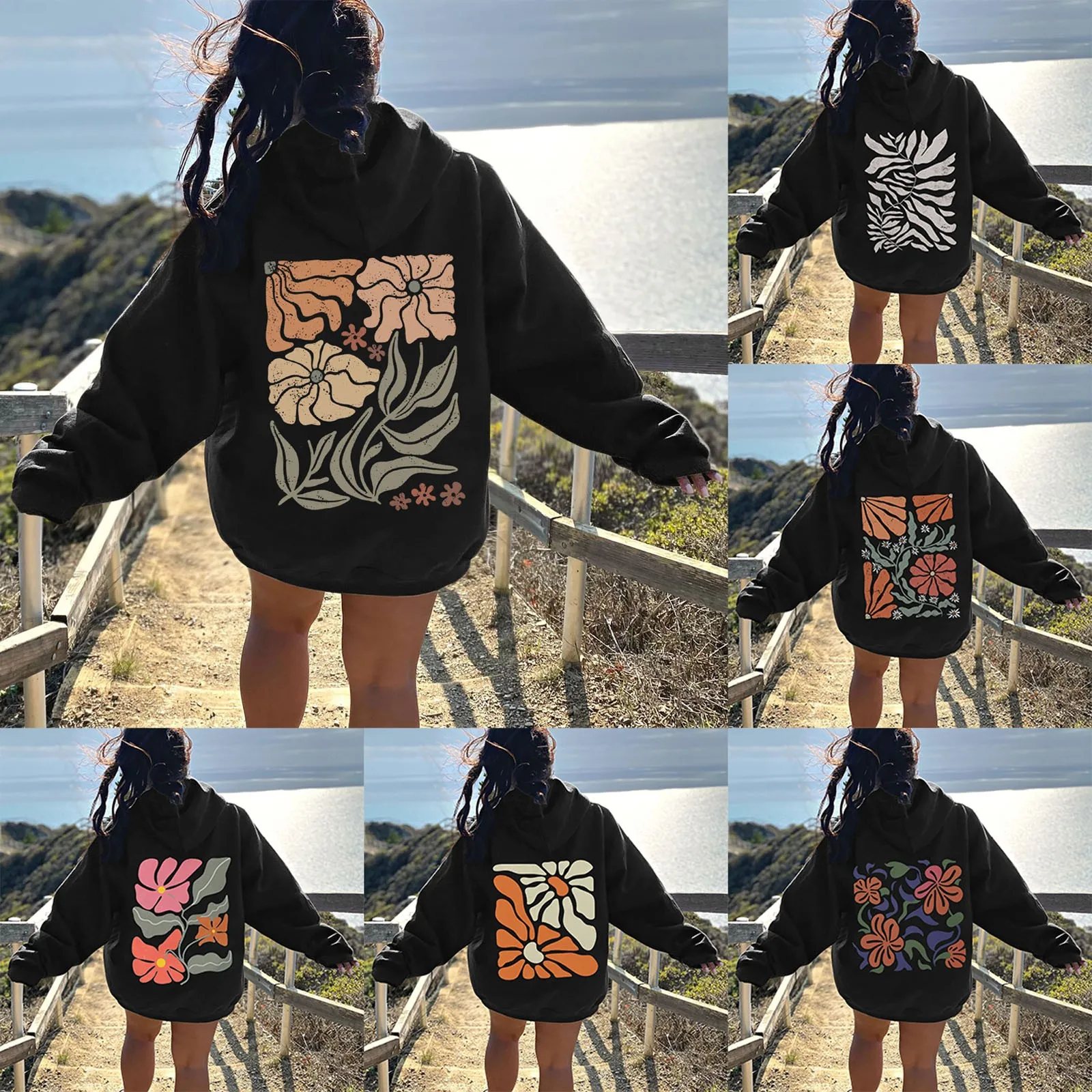 Korean Version Floral Manga Graphic Hoodies Aesthetic Sweatshirt for Men Women Long Sleeve Oversized Loose Streetwear Clothes