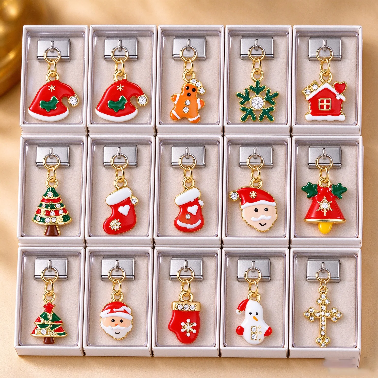 GEMOSA Christmas Stocking Enamel Pendant Italian Links Charm Fit 9mm DIY Making Gift Bracelet Stainless Steel Jewelry Christmas