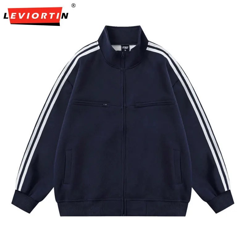 

Spring and Autumn Men's Trendy Brand Three Bar Splicing Double Zipper Coat Sports Loose Half High Collar Cardigan Sweatshirt