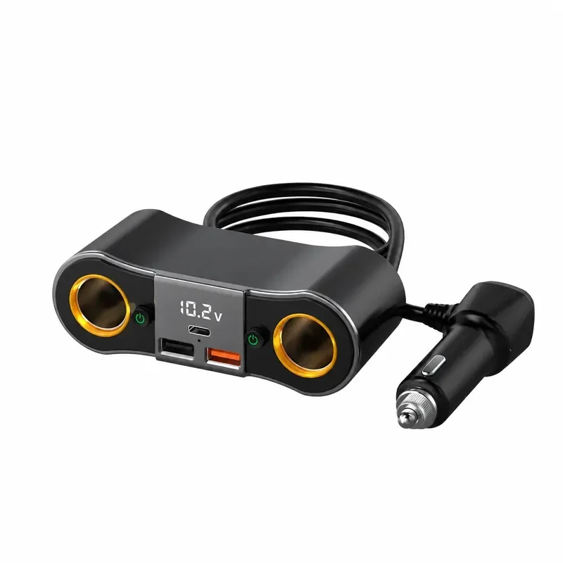 for ZBN02 Car Cigarette Lighter Splitter 1 to 2 PD 65W Dual USB Digital Display with Cable Converter
