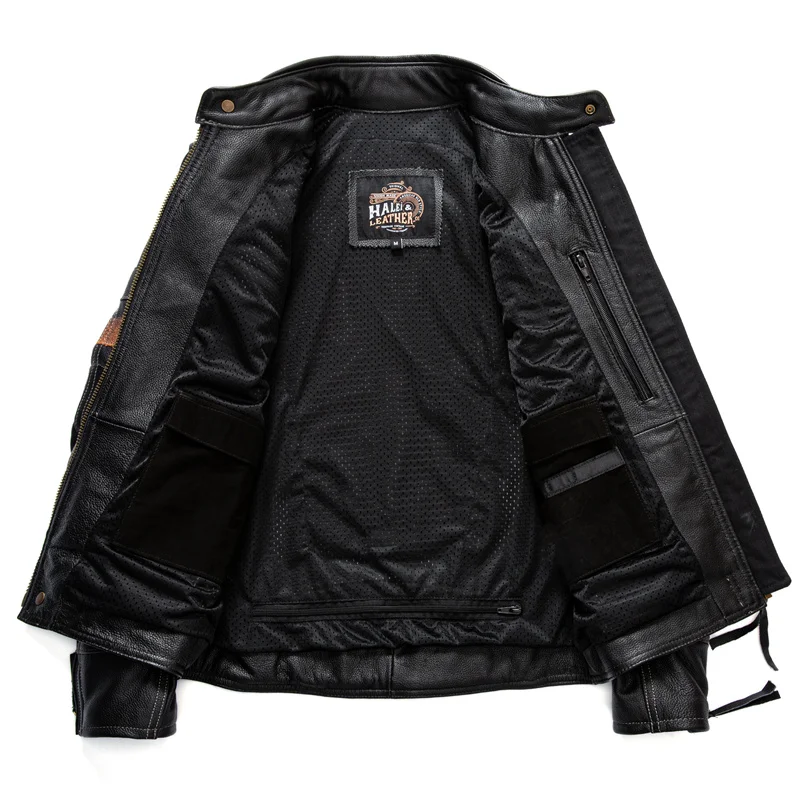 Black Winter Leather Jacket Men Motorcycle Style Plus Size 6XL Genuine Natural Cowhide Stand Collar Add Protection Device Coat
