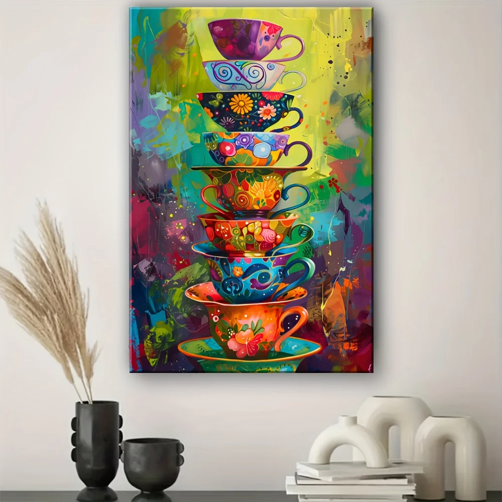 Affiche et imprimés de tasses à thé empilées colorées, motif Graffiti, peinture sur toile, tableau d'art mural pour décoration de salon et de maison
