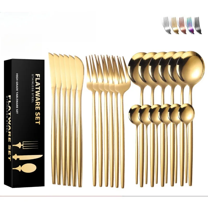 

A 24-piece stainless steel tableware set for household use, including Portuguese knives, forks and spoons