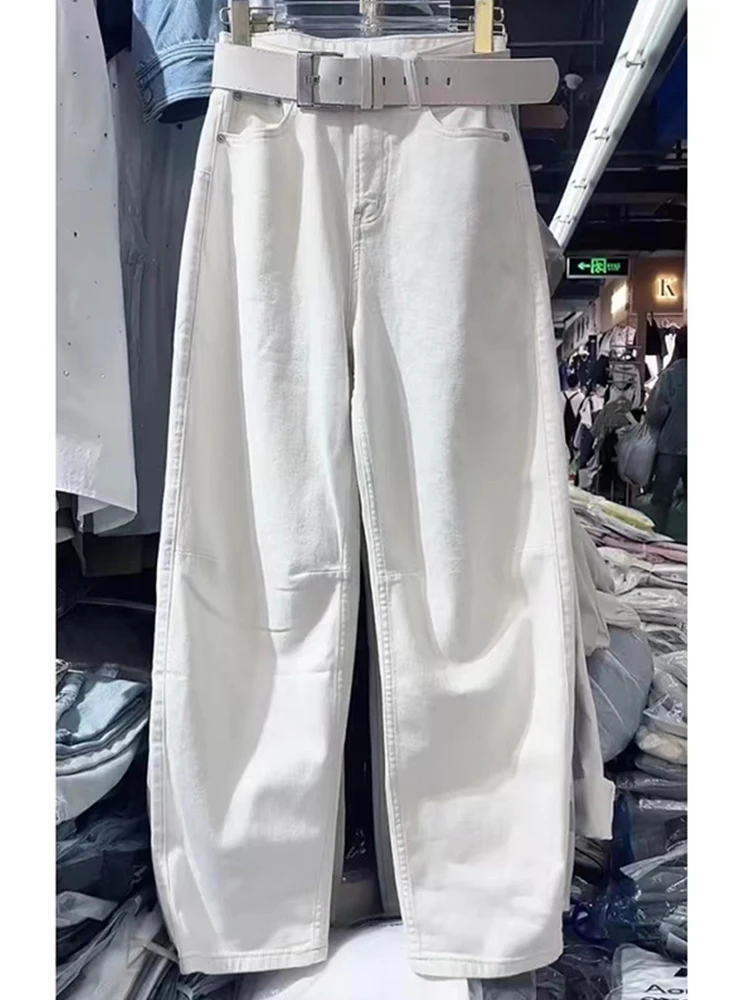 

Прямые тонкие джинсы с высокой талией, женские белые летние модные брюки больших размеров длиной до пола, эффект похудения