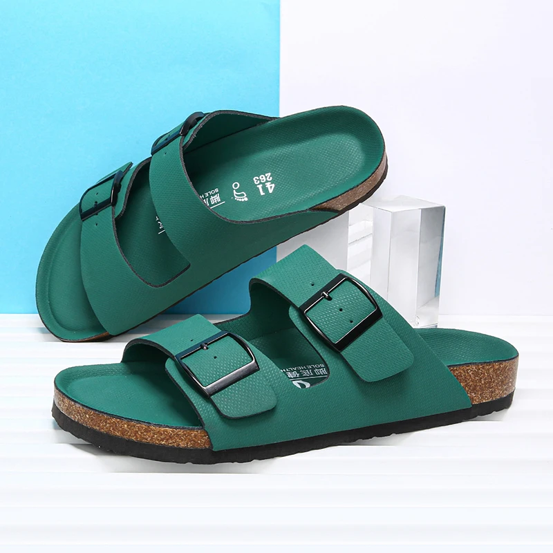 2023 New Summer Beach Vacation Cork Slippers Casual Double Buckle Non-slip Clogs Slides Man Women Slip on  Soft Sole Flats Shoes