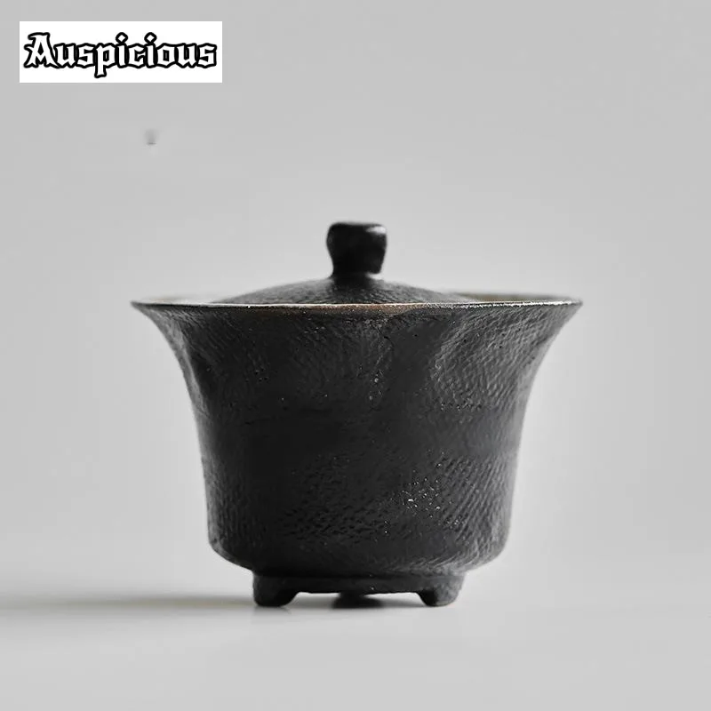 130ml Black Lacquer Coarse Pottery Gaiwan Handmade Three Legged Tea Tureen Tea Making Cover Bowl for Kung Fu Tea Collection Gift