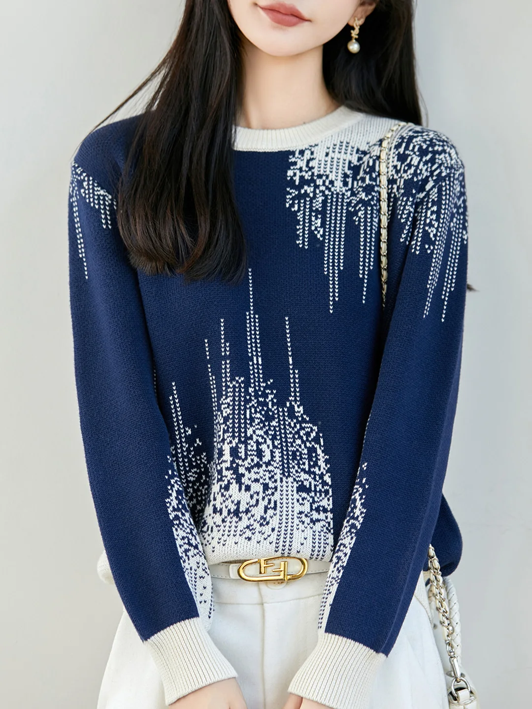 100% Cotton Thickened Knitted Sweater Women's Fashion Gradient Color round Neck Contrast Color Casual Style Long Sleeve Top